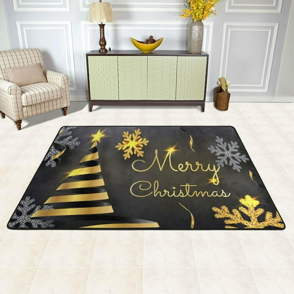 SKYSONIC Merry Christmas Tree Non-Slip Area Rug, Golden Black Floor Carpet Comfort Floor Mats Decor for Indoor Front Porch Living Room Bedroom Kitchen, 36"x24"