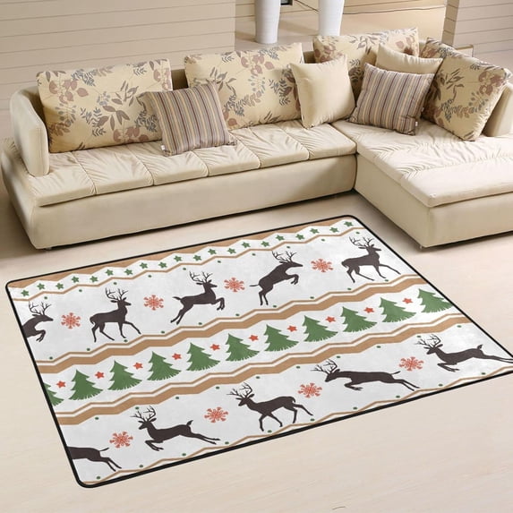SKYSONIC Merry Xmas Reindeer Non-Slip Area Rug, Christmas Firs Tree Floor Carpet Comfort Floor Mats Decor for Indoor Front Porch Living Room Bedroom Kitchen, 36"x24"