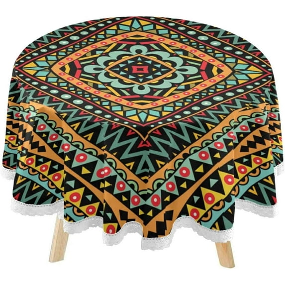 SKYSONIC Mexica Tribal Theme Round Tablecloth 60inch Indoor Wrinkle Free, Geometric Art Circular Lace Table Cover Washable for Kitchen Party BBQ Dining Decor
