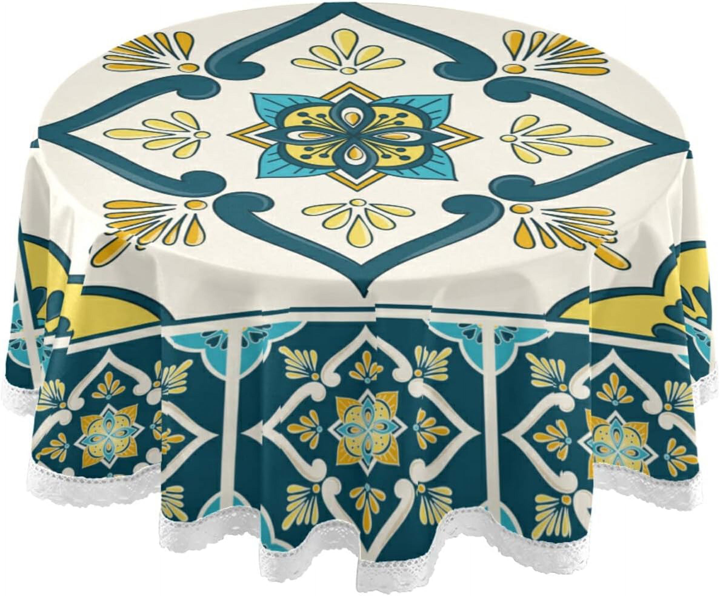 SKYSONIC Mexican Talavera Ceramic Tile Pattern Round Tablecloth 60In