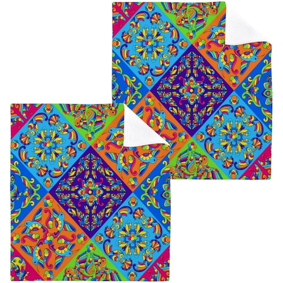 SKYSONIC Mexican Talavera Cotton Washcloths Set of 4, Highly Absorbent Soft Fingertip Towel for Bathroom, Gym, Hotel and Spa, 12 x 12 Inch