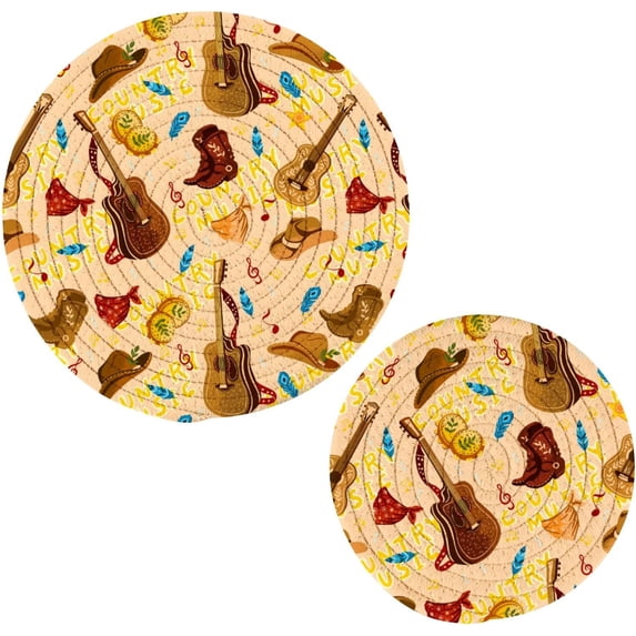 SKYSONIC Mexico Guitar Cowboy Hat Pot Holders Trivets, 2 Pcs Heat Resistant Trivets,Dia De Muertos Cotton Thread Weave Mats for Hot Pads Pans Pot Bowl Teapot for Kitchen Decor