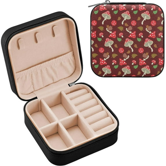 SKYSONIC Mushroom Travel Jewelry Box PU Leather Jewelry Organizer Ideal Gift for Women Girls, Portable Mini Jewelry Travel Case for Stud Earrings Rings Necklaces Bracelets