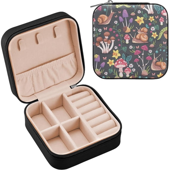 SKYSONIC Mushroom Travel Jewelry Box PU Leather Jewelry Organizer Ideal Gift for Women Girls, Portable Mini Jewelry Travel Case for Stud Earrings Rings Necklaces Bracelets