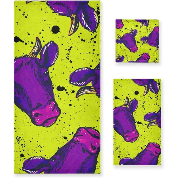 SKYSONIC Neon Cow Face Bath Towels Soft Absorbent Bath Towels Bath Towel Set of 3 for Home Hotel Bathroom Decor