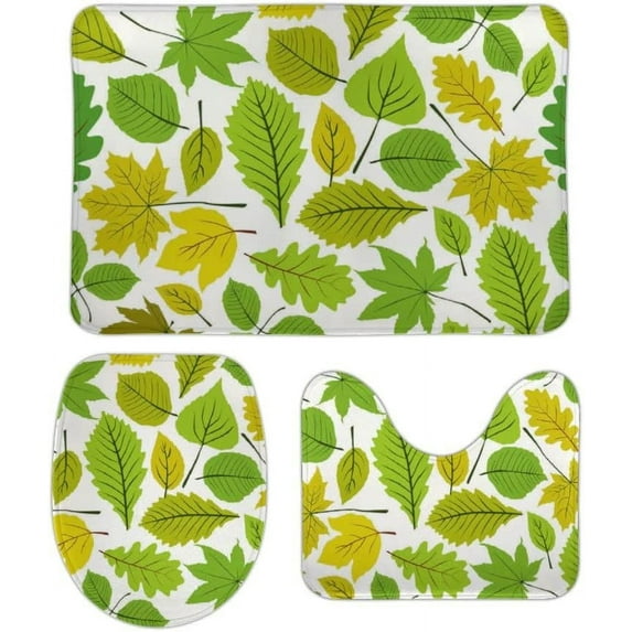 SKYSONIC Non-Slip 3 Piece Bathroom Rug Set Beautiful Natural Leaves Soft Contour Rug + Toilet Lid Cover + Bath Mat for Bathroom Decor