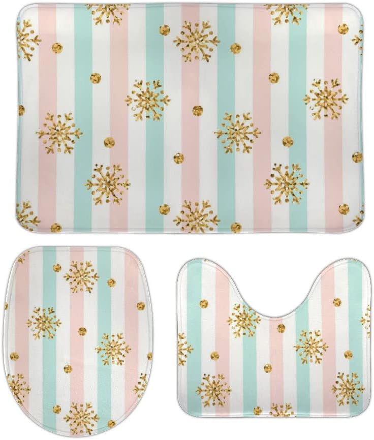 SKYSONIC NonSlip 3 Piece Bathroom Rug Set Christmas Gold Snowflake on