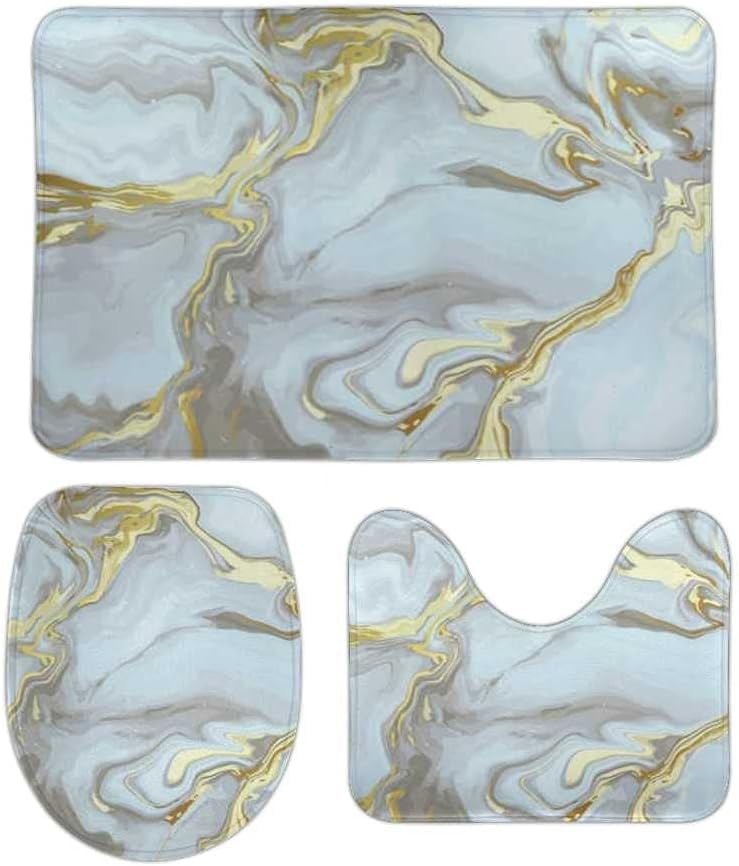 SKYSONIC Non-Slip 3 Piece Bathroom Rug Set Elegant Gold Marble Soft ...