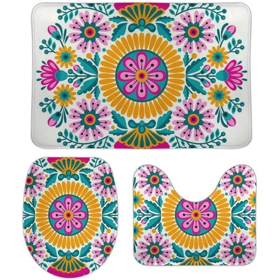 SKYSONIC Non-Slip 3 Piece Bathroom Rug Set Ethnic Flower Decoration Soft Contour Rug + Toilet Lid Cover + Bath Mat Bathroom Decor