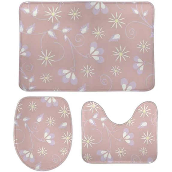 SKYSONIC Non-Slip 3 Piece Bathroom Rug Set Gentle Flower Ornaments Soft Contour Rug + Toilet Lid Cover + Bath Mat Bathroom Decor