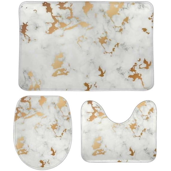 SKYSONIC Non-Slip 3 Piece Bathroom Rug Set Gold Black Marble Soft Contour Rug + Toilet Lid Cover + Bath Mat Bathroom Decor