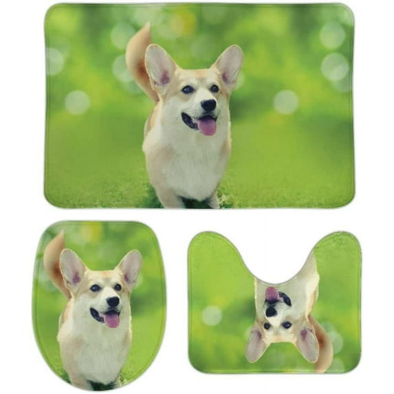 SKYSONIC Non-Slip 3 Piece Bathroom Rug Set Happy Dog Welsh Corgi on The Grass in Summer Day Soft Contour Rug + Toilet Lid Cover + Bath Mat for Bathroom Decor