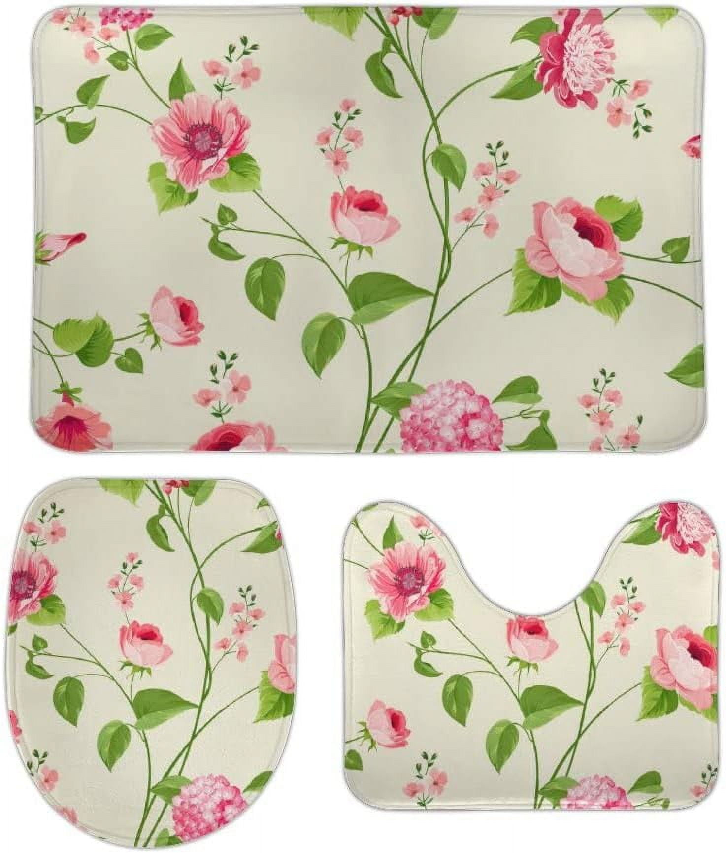 SKYSONIC NonSlip 3 Piece Bathroom Rug Set Hydrangea Flowers Soft