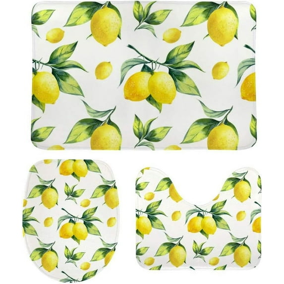 SKYSONIC Non-Slip 3 Piece Bathroom Rug Set Lemon Fruits Soft Contour Rug + Toilet Lid Cover + Bath Mat Bathroom Decor