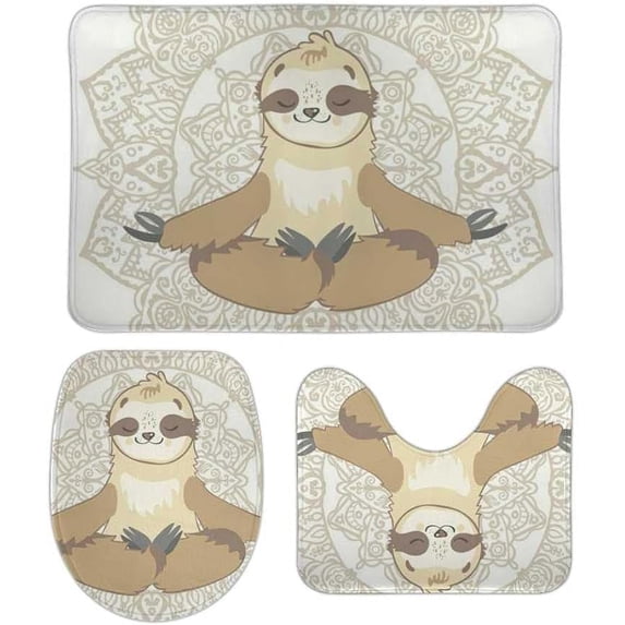 SKYSONIC Non-Slip 3 Piece Bathroom Rug Set Mandala Sloth Bear Soft Contour Rug + Toilet Lid Cover + Bath Mat Bathroom Decor