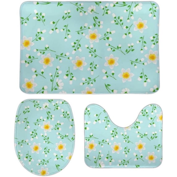 SKYSONIC Non-Slip 3 Piece Bathroom Rug Set Narcissus Flower with Branch Soft Contour Rug + Toilet Lid Cover + Bath Mat for Bathroom Decor