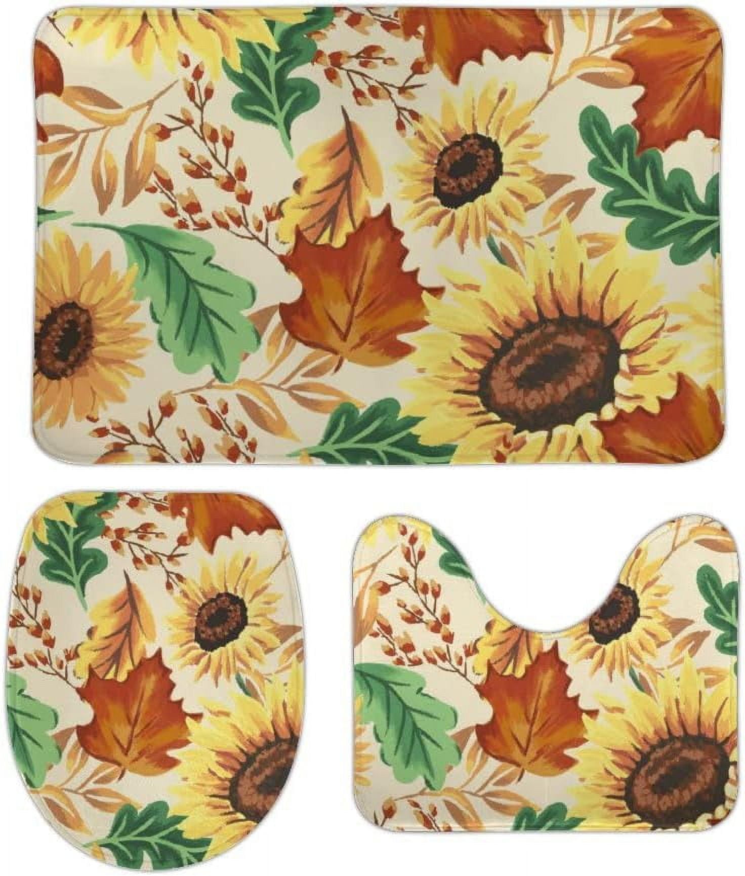 SKYSONIC Non-Slip 3 Piece Bathroom Rug Set Retro Sunflowers with Maple ...