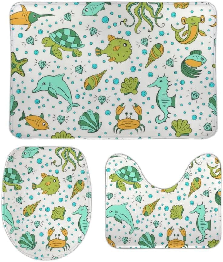 SKYSONIC NonSlip 3 Piece Bathroom Rug Set Sea Animals Octopus Fishes