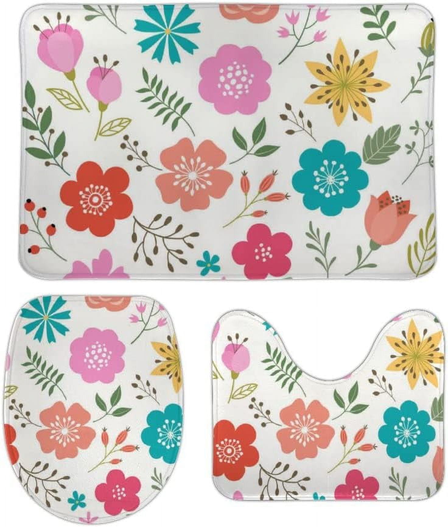 SKYSONIC NonSlip 3 Piece Bathroom Rug Set Set of Flowers and Floral