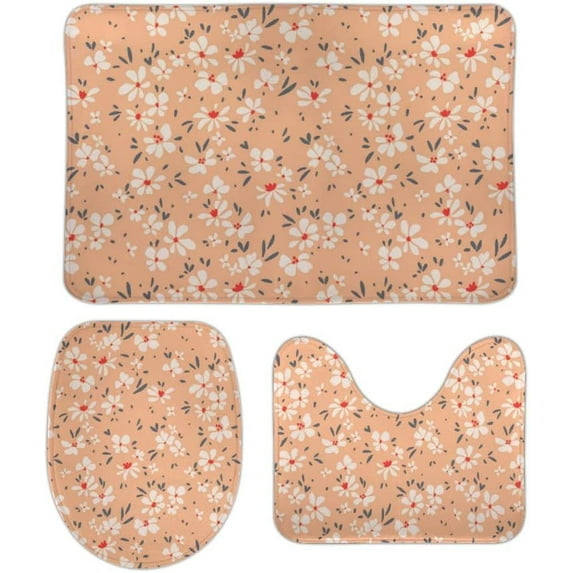 SKYSONIC Non-Slip 3 Piece Bathroom Rug Set Small White Flowers on Orange Back Soft Contour Rug + Toilet Lid Cover + Bath Mat for Bathroom Decor
