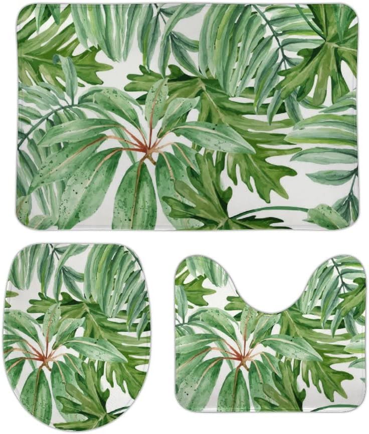 SKYSONIC NonSlip 3 Piece Bathroom Rug Set Summer Tropical Leaves Soft
