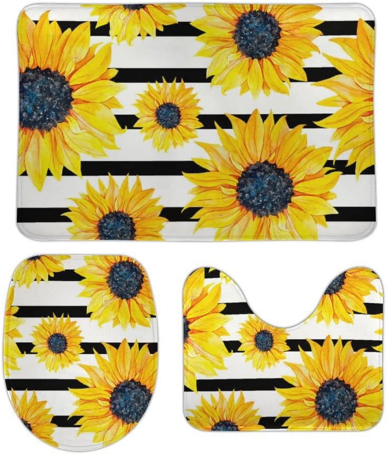 SKYSONIC Non-Slip 3 Piece Bathroom Rug Set Sunflowers on a Striped ...