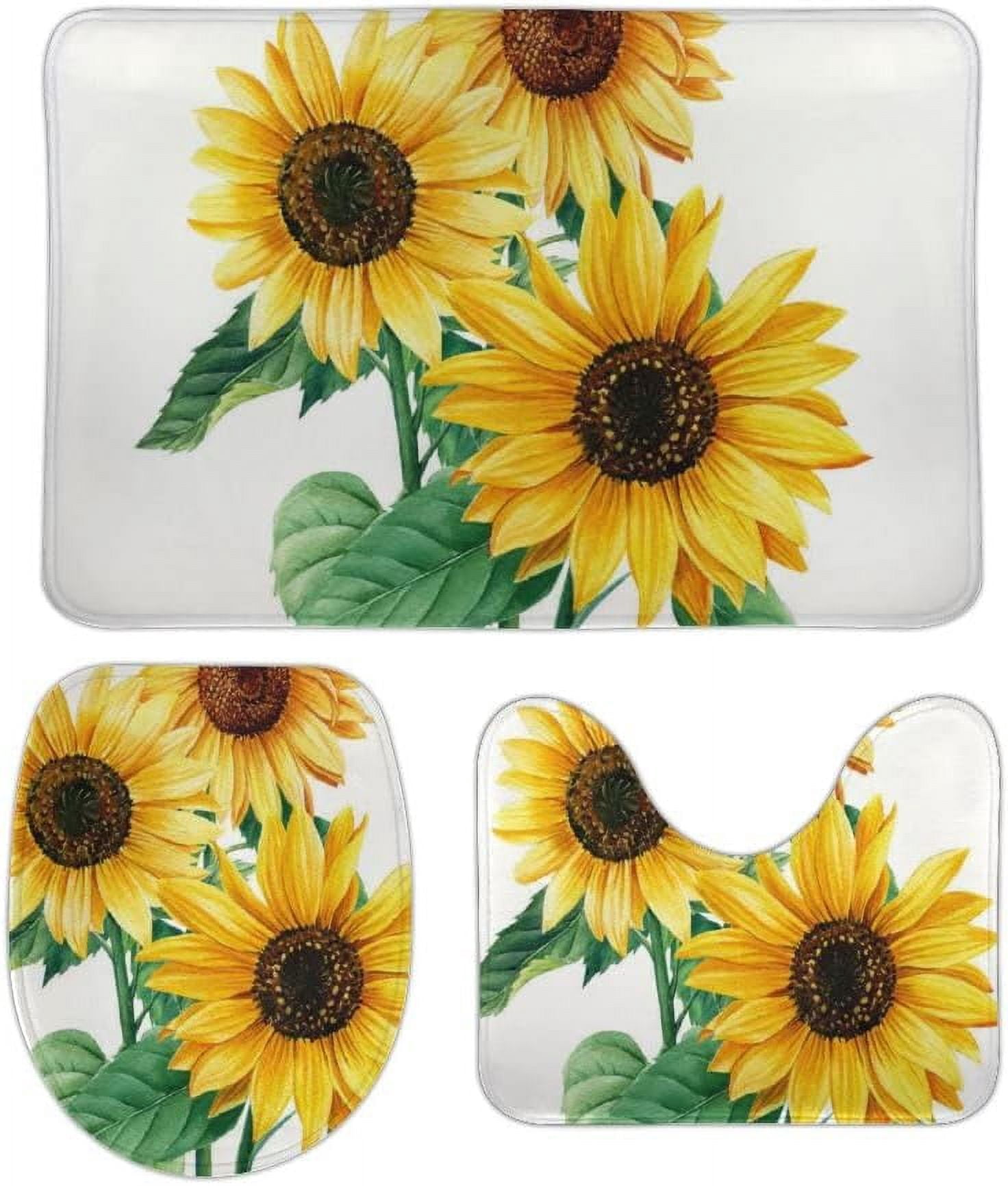 SKYSONIC Non-Slip 3 Piece Bathroom Rug Set Watercolor Sunflowers on ...