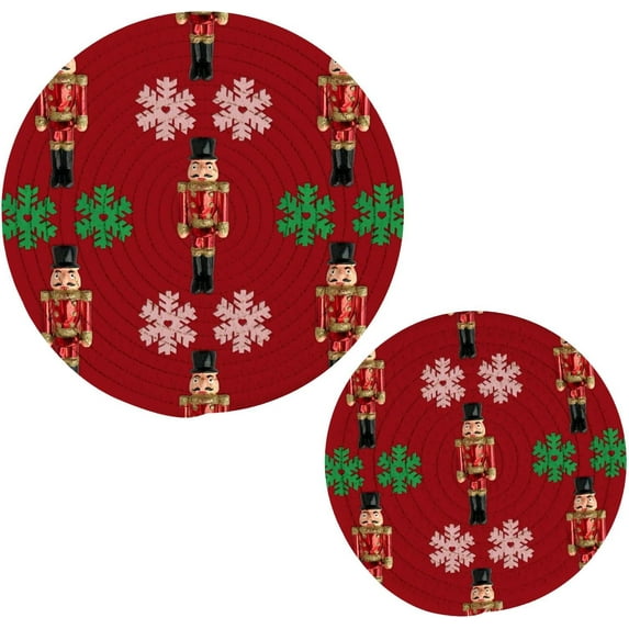 SKYSONIC Nutcrackers Snowflakes Pot Holders Trivets, 2 Pcs Heat Resistant Trivets,Red Сhristmas Cotton Thread Weave Mats for Hot Pads Pans Pot Bowl Teapot for Kitchen Decor