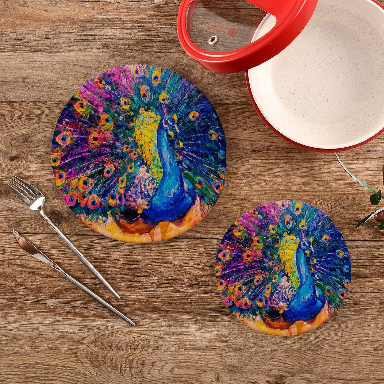 Vnurnrn Round Trivets Set Of 2 – Rooster Flower Design Cotton Weave Hot Pads, 7 & 9 Inch, Heat Resistant For Kitchen & Table