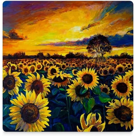 SKYSONIC Oil Painting Sunflower Field Printed Square Ceramic Coaster for Drinks with Cork Base for Coffee Cups Place Mats for Home Decor Set of 6 Pieces
