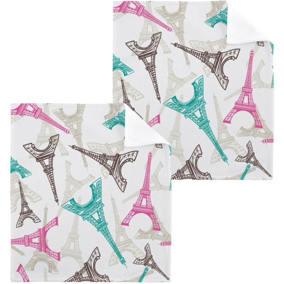 SKYSONIC Pairs Eiffel Tower Cotton Washcloths Set of 2, Highly Absorbent Soft Fingertip Towel for Bathroom, Gym, Hotel and Spa, 12 x 12 Inch