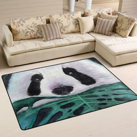 SKYSONIC Panda Peeking Out Area Rug 72x48in Green Tropical Leaves Non-Slip Floor Carpet for Indoor Living Dining Room and Bedroom Area