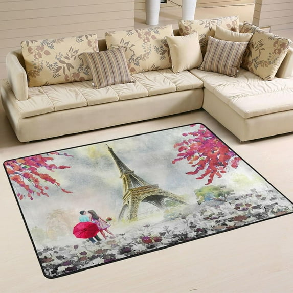 SKYSONIC Paris Eiffel Tower Non-Slip Area Rug, Valentine Lovers Wedding Floor Carpet Comfort Floor Mats Decor for Indoor Front Porch,Living Room, Bedroom,Kitchen,72"x48"