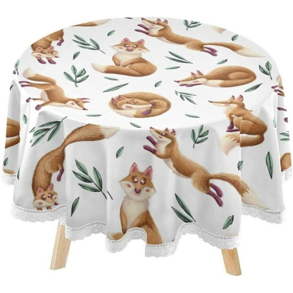 SKYSONIC Pattern Foxes Leafes Round Tablecloth 60inch Indoor Wrinkle Free, Cartoon Style Circular Lace Table Cover Washable for Kitchen Party BBQ Dining Decor