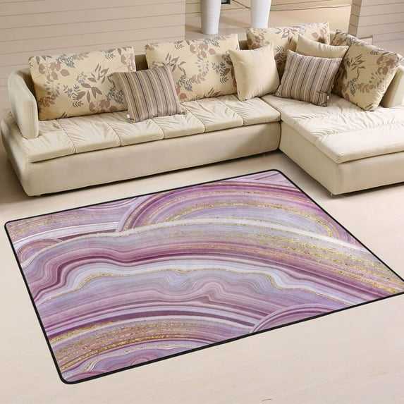 SKYSONIC Pink Abstract Marble Non-Slip Area Rug, Artistic Golden Glittery Floor Carpet Comfort Floor Mats Decor for Indoor Front Porch Living Room Bedroom Kitchen, 36"x24"