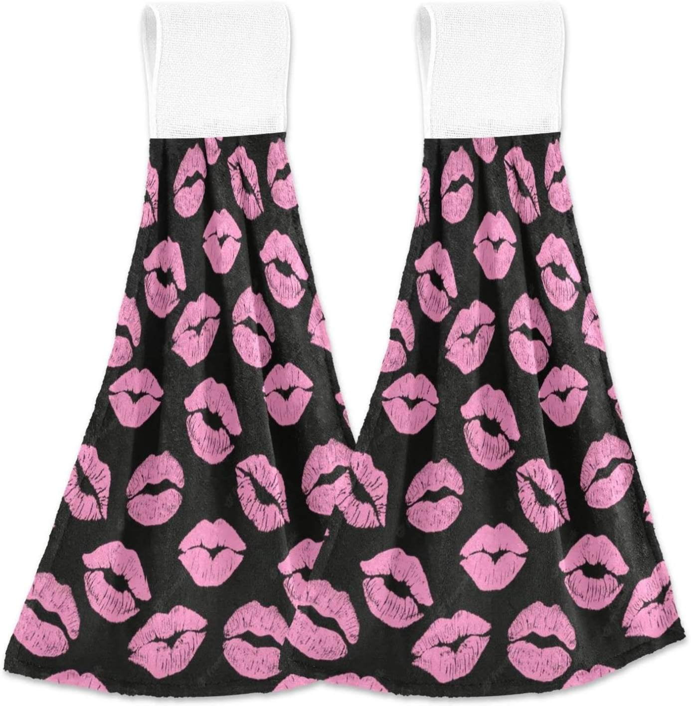 SKYSONIC Pink Lips Hanging Hand Towels with Hanging Loop, Hand Towels Soft Thick Dish Cloth Hand ...