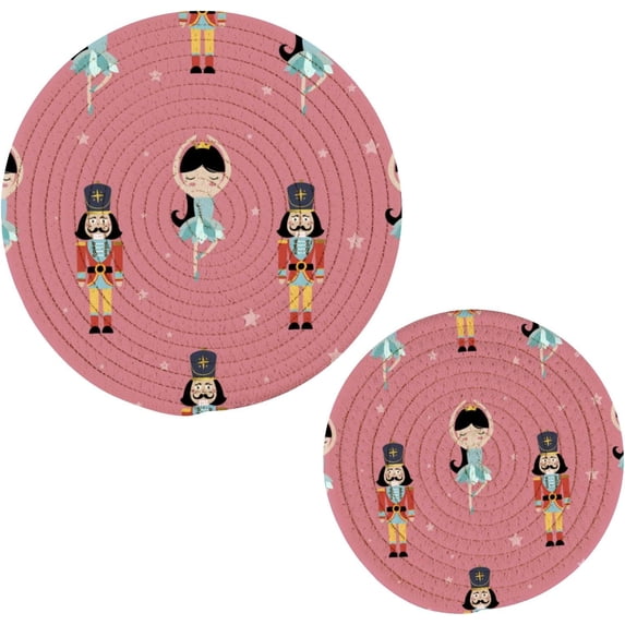 SKYSONIC Pink Nutcracker Princess Ballet Pot Holders Trivets, 2 Pcs Heat Resistant Trivets,Christmas Cotton Thread Weave Mats for Hot Pads Pans Pot Bowl Teapot for Kitchen Decor