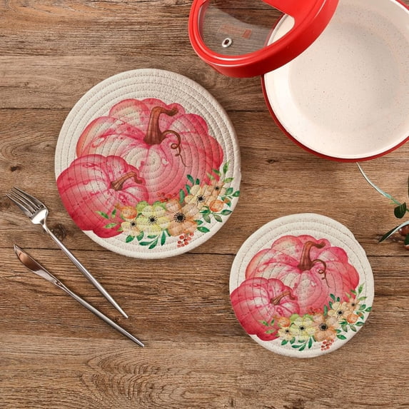 SKYSONIC Pink Pumpkin Floral Trivet Round Hot Pads, Set of 2 Fall Autumn Harvest Pot Holder Heat Resistant Trivets Cotton Thread Weave Mats for Kitchen Counter Hot Dishes Pot Teapot Table Decor