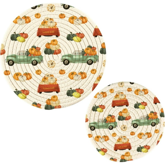 SKYSONIC Pumpkin Harvest Trucks Pot Holders Trivets, 2 Pcs Heat Resistant Trivets,Autumn Vintage Cotton Thread Weave Mats for Hot Pads Pans Pot Bowl Teapot for Kitchen Decor