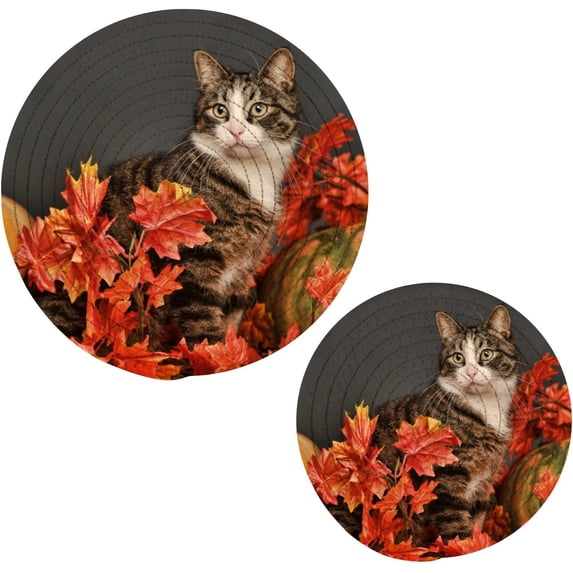 SKYSONIC Pumpkin Maple Cat Pot Holders Trivets, 2 Pcs Heat Resistant Trivets,Fall Cute Kitten Cotton Thread Weave Mats for Hot Pads Pans Pot Bowl Teapot for Kitchen Decor