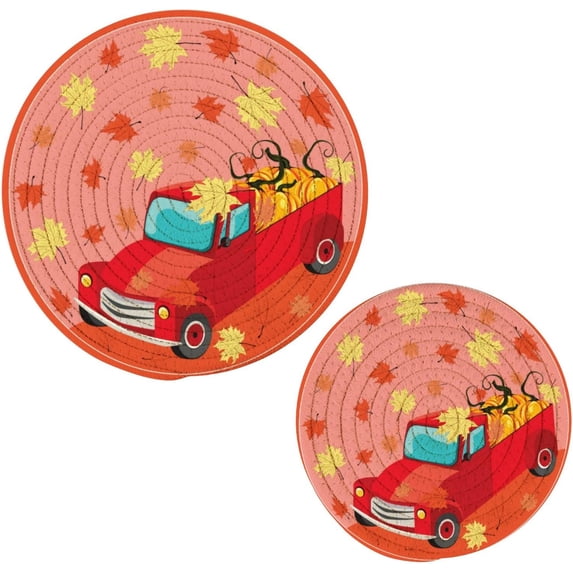 SKYSONIC Pumpkin Truck Maple Pot Holders Trivets, 2 Pcs Heat Resistant Trivets,Retro Farmer Cotton Thread Weave Mats for Hot Pads Pans Pot Bowl Teapot for Kitchen Decor
