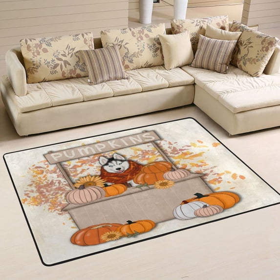 SKYSONIC Pumpkins Dogs Funny Non-Slip Area Rug, Autumn Fall Maple Floor Carpet Comfort Floor Mats Decor for Indoor Front Porch Living Room Bedroom Kitchen, 36"x24"