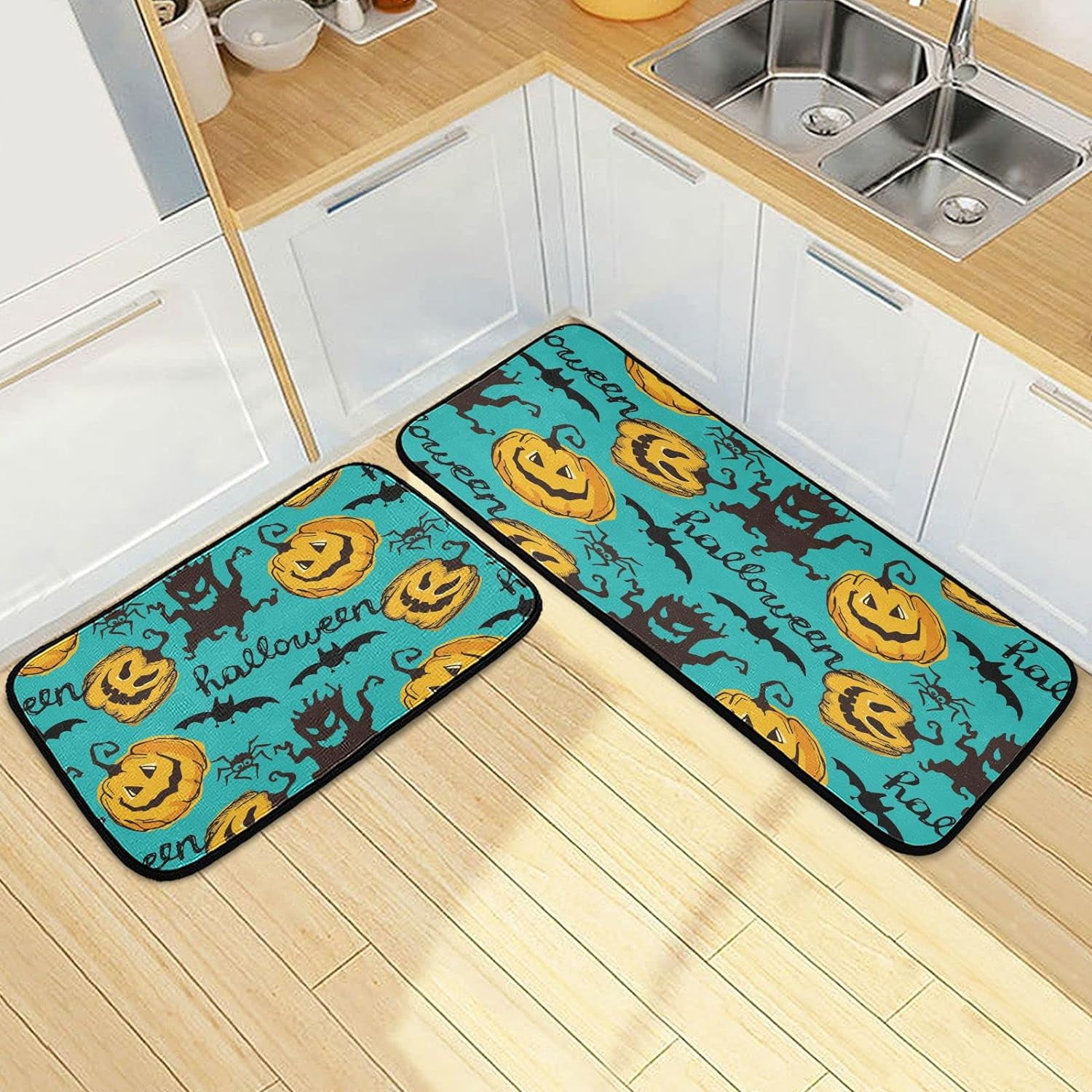 SKYSONIC Pumpkins Spooky Ghost Kitchen Rugs 2 Pieces, JackoLantern Floor Mat Room Area Rug