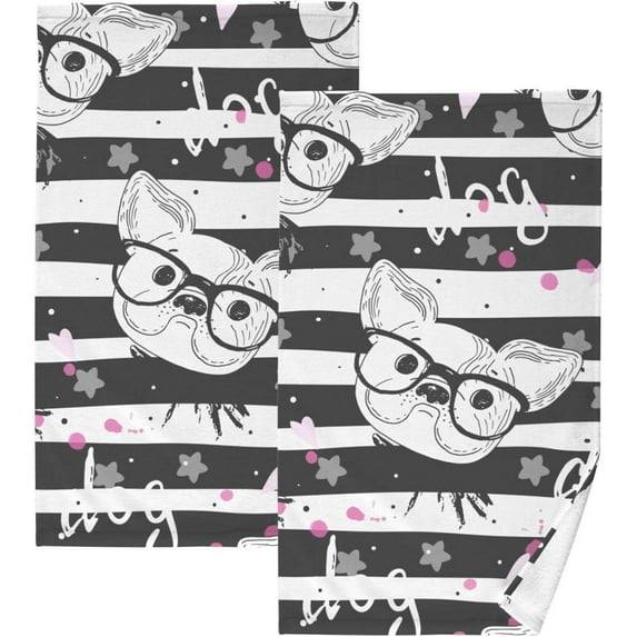 SKYSONIC Puppy and Stripe Bathroom Towels 2 PCS, 16"x28", Cotton Bath Towel Water Absorbent Lightweight Quickdry Towels for Bathroom Ktichen Travel Gym