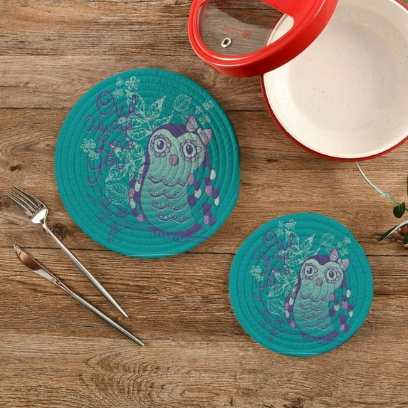 SKYSONIC Purple Owl Valentine Pot Holders Trivets, 2 Pcs Heat Resistant Trivets,Owl Always Love You Cotton Thread Weave Mats for Hot Pads Pans Pot Bowl Teapot for Kitchen Decor