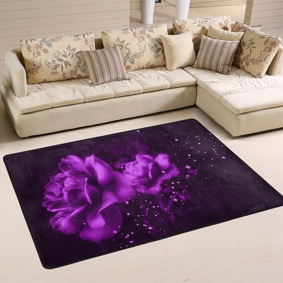 SKYSONIC Purple Roses Artistic Theme Non-Slip Area Rug, Floor Carpet Comfort Floor Mats Decor for Indoor Front Porch Living Room Bedroom Kitchen, 36"x24"