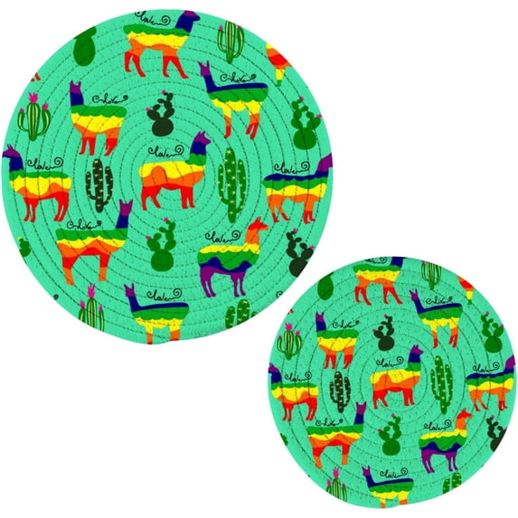 SKYSONIC Rainbow Colors Llamas Pot Holders Trivets, 2 Pcs Heat Resistant Trivets,Cute Alpaca Cactus Cotton Thread Weave Mats for Hot Pads Pans Pot Bowl Teapot for Kitchen Decor