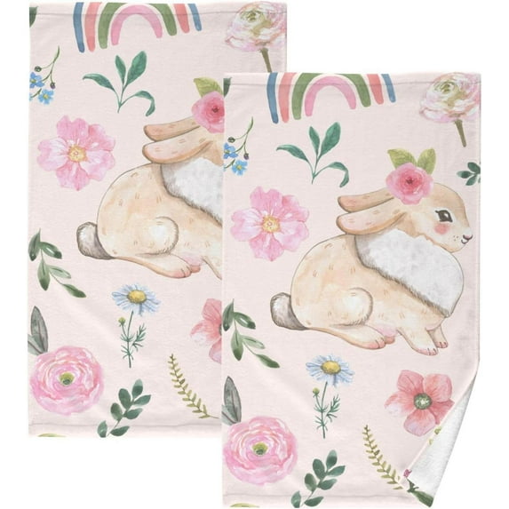 SKYSONIC Rainbow Rabbit Flower Patterned Hand Towels 2 PCS, Cotton Bath Towel for Drying Face Hands Body ,Absorbent Lightweight Towels for Bathroom Ktichen Travel Gym, 16"x28"
