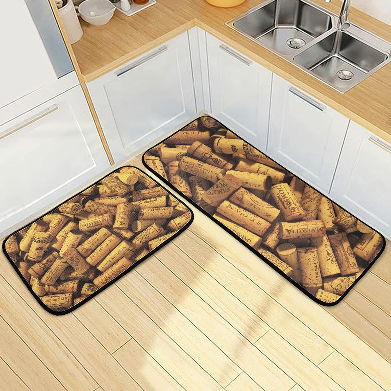 SKYSONIC Real Wine Corks Kitchen Rugs Set of 2, Vintage Wooden Floor