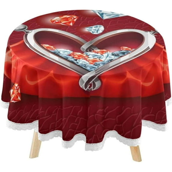 SKYSONIC Red Bag Diamond Round Tablecloth 60inch Indoor Wrinkle Free, Be My Valentine Love Circular Lace Table Cover Washable for Kitchen Dining Decor